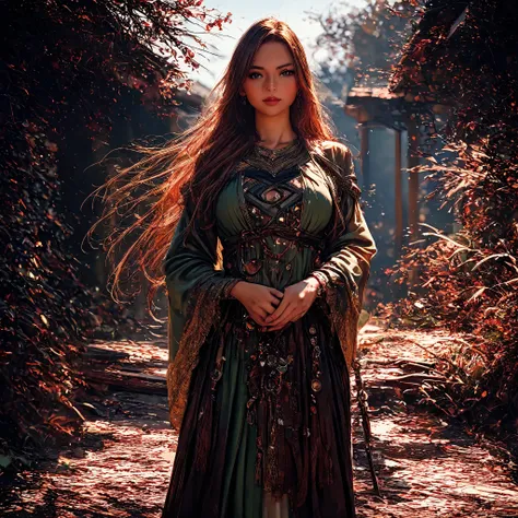 (best quality,4k,8k,highres,masterpiece:1.2),ultra-detailed, 1woman, Celtic goddess Epona, Chestnut brown hair, hazel eyes, druid gown, standing in a barnyard, motherly, posed gently, looking at viewer, seductive eyes, drawn in the style of Yoshitaka Amano...
