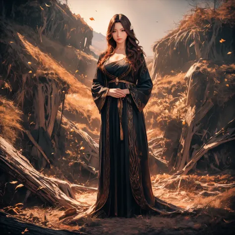 (best quality,4k,8k,highres,masterpiece:1.2),ultra-detailed, 1woman, Celtic goddess Epona, Chestnut brown hair, hazel eyes, druid gown, standing in a barnyard, motherly, posed gently, looking at viewer, seductive eyes, drawn in the style of Yoshitaka Amano...