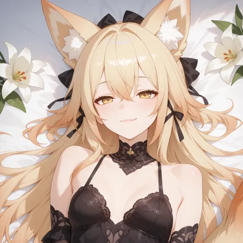 Fox girl, pale-blonde, Renard, Fox tail, collar, Beautiful, Long Hair, (Rosy gradient on hair), Golden Eyes with purple shade, small breasts, garter, black lace dress, cheeky, hair ribbon, white lily on hair, alluring, teasing, sexy, cunning, sly, lying ba...