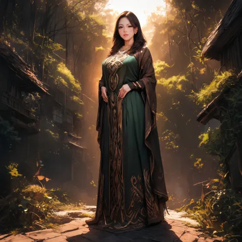 (best quality,4k,8k,highres,masterpiece:1.2),ultra-detailed, 1woman, Celtic goddess Epona, Chestnut brown hair, hazel eyes, druid gown, standing in a barnyard, motherly, posed gently, looking at viewer, seductive eyes, drawn in the style of Yoshitaka Amano...