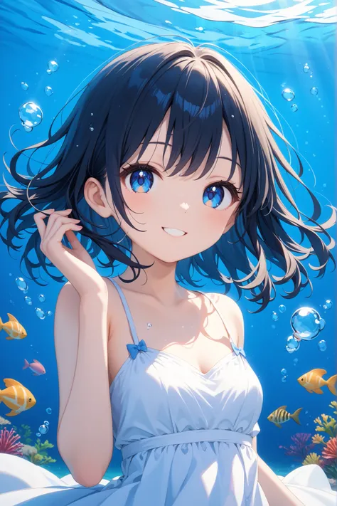 Girl Swimming Underwater 、
Underwater Background、
(1 girl), soft expression、 soft smile、white dress、long black hair:1.5, blue eyes , cute face、fluttering hair、dramatic lighting、bright color、Strong brushstroke 、high contrast、
high resolution , masterpiec...