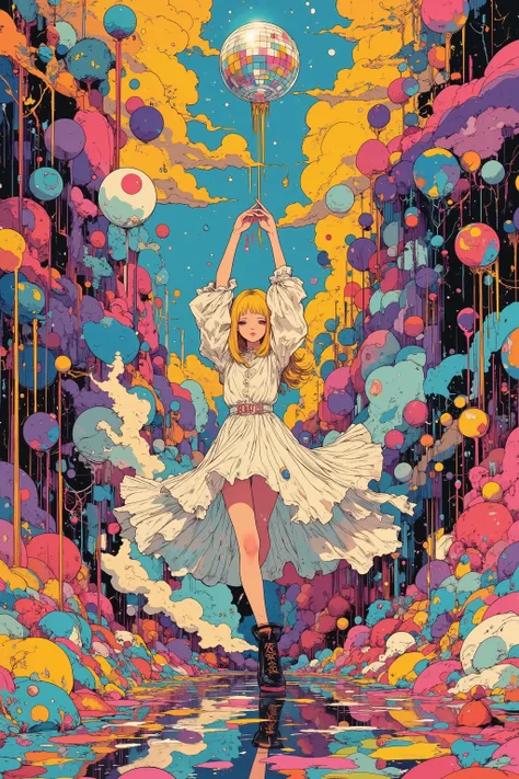 Woman dancing in a colorful puddle,mirror ball,I'm crashing to the ground , Poster Art , screen print poster , graphic novel cover art , graphic details , promotional art , Poster illustration, Illustrated poster, By Jens Sondergaard ,
(vaporwave...