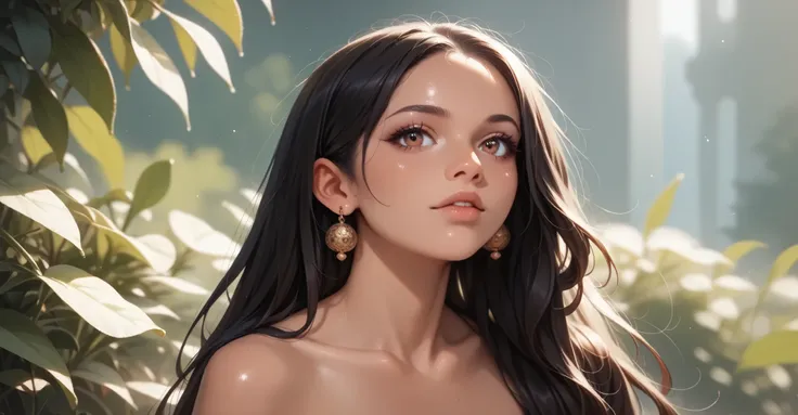 A naked girl outdoors, 2.5d, straight black hair, very long hair, round chin, snub nose, brown eyes, BROWN LIPS, sorriso, boca aberta, perfect teeth, sardas, shiny skin