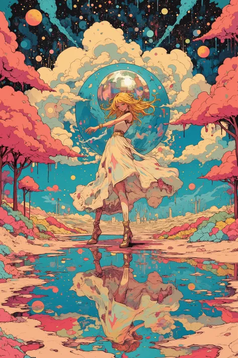  Woman dancing in a colorful puddle,mirror ball,I'm crashing to the ground  ,  Poster Art ,  screen print poster ,   graphic novel cover art ,   graphic details  ,  promotional art , Poster illustration, Illustrated poster, By Jens Sondergaard ,
(vaporwave...
