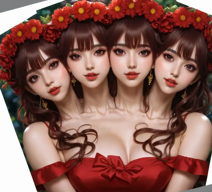 (masterpiece),(best quality:1.0), (ultra highres:1.0), (conjoined), (2heads:1.2), detailed illustration, 8k, anime, 1girl, beautiful anime girl, wearing a red dress, flower crown, pretty face, detailed face, beautiful eyes, detailed eyes, dark red eyes, br...