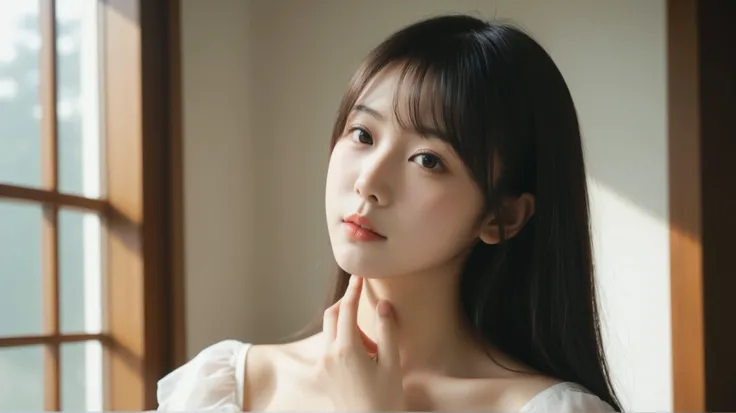 greatest masterpiece。top quality。Extremely precise。A slender and beautiful young woman who oozes,In a room illuminated by sunlight,smooth hair stands gracefully in a room illuminated by sunlight。
she says 温かく微笑む。 she says 前を向いて微笑みます。gently touches her ha...