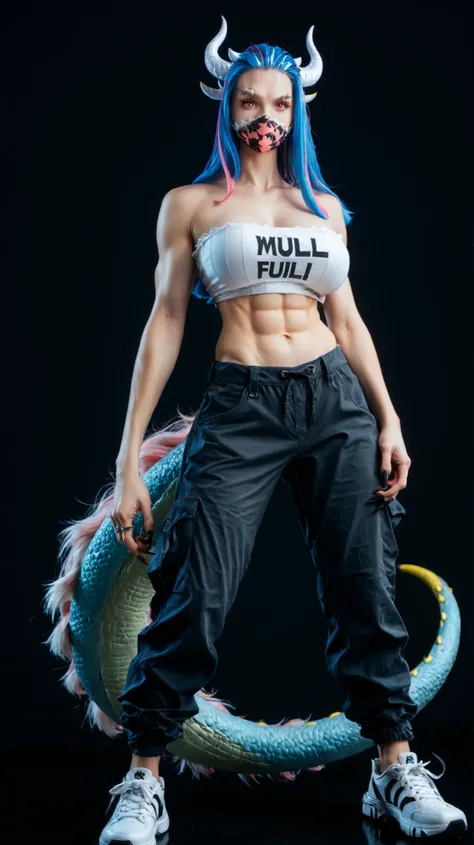 ult1, hybrid form, a girl, claws, tail, black background, claws, monster girl, plain background, large breasts, face mask, animal paws, (dark strapless crop top), (baggy black cargo pants), (white sneakers), (streetwear), white horns, blue hair, pink strea...
