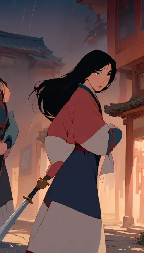 Hua Mulan,Show female shy,19 years old, like a porcelain doll, fine features, delicate,Black and red color scheme,poster,iconic disney characters。shonen style, anime style, straight hair, big hair, ((long hair)) ,japanese young woman warrior, black hair, t...