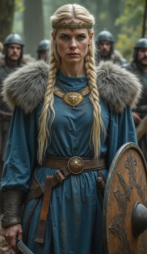Boudica of ancient Celt Queen , She is freedom England Queen , Front view, cowboy shot, White Celtic Woman, 30-age,(twin braids style, Blonde hair, beautiful blue eye, serious, tribal tattoos in shades of blue, simple golden Crown), Gold Torc around her n...