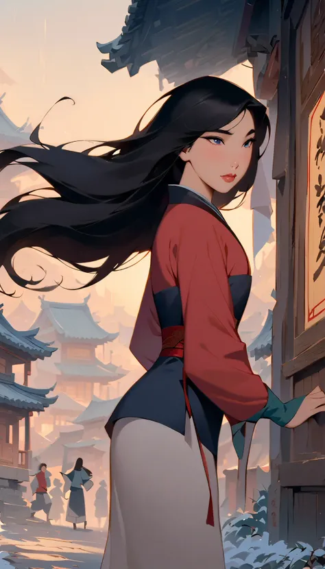 Hua Mulan,Show female shy,19 years old, like a porcelain doll, fine features, delicate,Black and red color scheme,poster,iconic disney characters。shonen style, anime style, straight hair, big hair, ((long hair)) ,japanese young woman warrior, black hair, t...