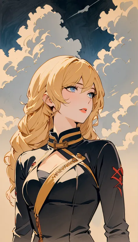 vintage movie, girl, wavy blonde hair, woman body, black top, black bodycon skirt, black boots, dark room, Silhouette of clouds, traditional media, Contemplative.  yang xiao long from rwby, ((perfect nose))