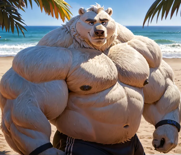 huge bulked up muscular polar bear in Californian beach, big grunting noise, big bulked up flexing body, polar bear, huge white fur, thick arm, huge arm, added gray mustache, added gray beard, short white hair, weight: 440lbs, (veiny bulked up muscular, pe...