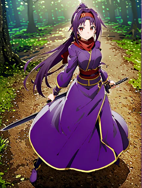 score_9, score_8_up, score_7_up,  sauce_anime,
 yuukikonno, Konno Yuuki, Headband, long hair, pointed ears, purple hair, stupid hair,red eyes,ponytail,  purple kimono , purple spots , red scarf,boots,真swordな,
抜knife術の構え, Viewer, holding, weapons, sword, ho...