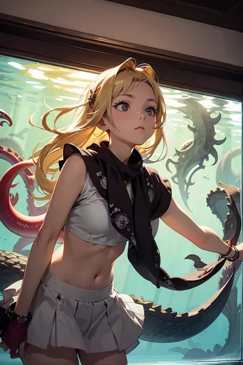 Tomokazu Matsuyama, Rowena Morrill, Sandro Chia, James C. Christensen, Tsuguharu Foujita, Surrealism Mysterious Weird Fantastic Fantastic Sci-Fi, Japanese Anime, Kraken in a Giant Glass Aquarium, a beautiful blonde miniskirt girl Alice looking up at the aq...