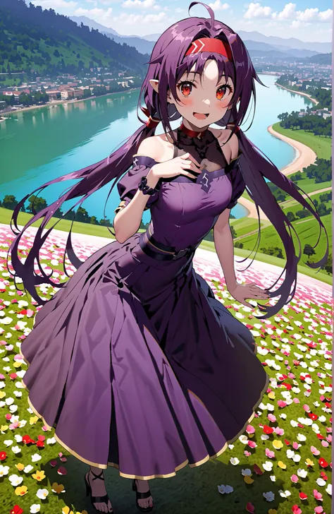 yuukikonno, yuuki konno, Headband, long hair, pointed ears, purple hair, red eyes,stupid hair,Low Twin Tails,smile,blush,open your mouth,Purple off-shoulder dress ,Purple Long Skirt ,Heeled Sandals,standing,Flower Field,Mountain,river,full bodyがイラストに入るように,...