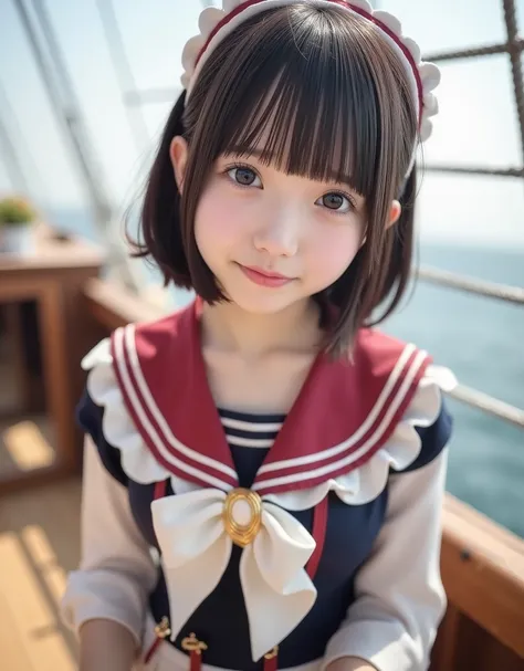 portrait photo of a cute young woman with large eyes and soft skin, wearing a fantasy-inspired sailor uniform with a decorative ribbon and golden accents, short neat brown hair, standing on the wooden deck of a ship, smiling gently at the camera, realistic...