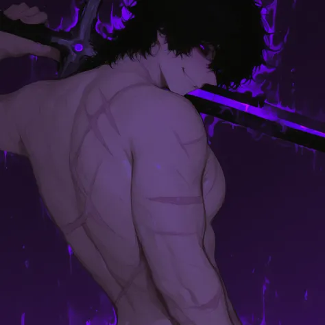 masterpiece, best quality, amazing quality, 1boy, solo, portrait, (large_pectoral), v-taper, ((toned, toned_male)), (scars), purple_eyes, black_sclera, black_hair, short_hair,  messy_hair, closed_mouth, smile, ((from_behind)), looking_over_shoulder, standi...