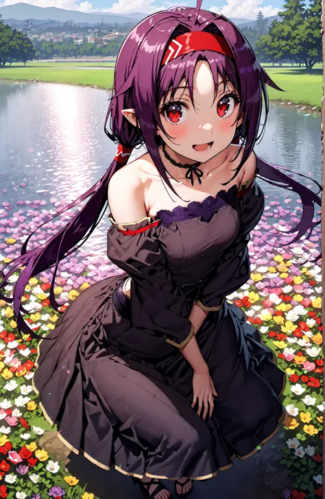 yuukikonno, yuuki konno, Headband, long hair, pointed ears, purple hair, red eyes,stupid hair,Low Twin Tails,smile,blush,open your mouth,bare shoulder,Bare clavicle,Bare neck,Purple off-shoulder dress ,Purple Long Skirt ,Heeled Sandals,standing,Flower Fiel...