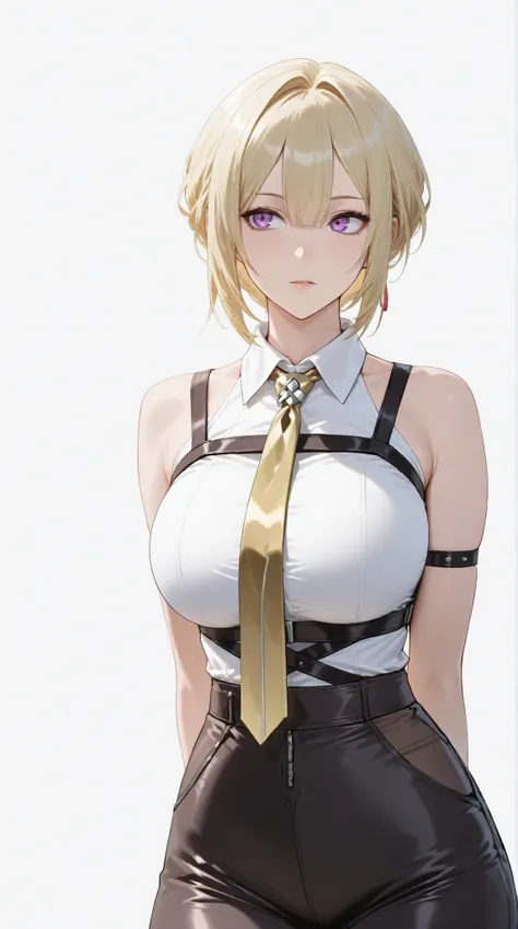 masterpiece, extremely detailed,perfect skin texture,4k,solo,1girl ,evelyn chevalier
purple eyes, blonde hair, short hair
collared shirt, white shirt, bare shoulders, yellow jewelry, yellow necktie, high-waist pants, arm strap, chest harness,mature,sexy le...