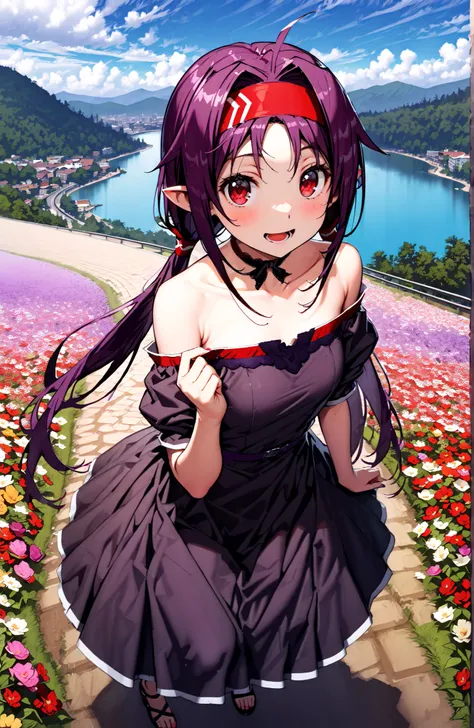 yuukikonno, yuuki konno, Headband, long hair, pointed ears, purple hair, red eyes,stupid hair,Low Twin Tails,smile,blush,open your mouth,bare shoulder,Bare clavicle,Bare neck,Purple off-shoulder dress ,Purple Long Skirt ,Heeled Sandals,standing,Flower Fiel...