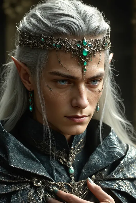 ((A very luxurious forehead decoration))The elven's long-eared, beautiful boy smiles kindly((Smooth, beautiful, straight, long silver hair))The skin is smooth and smooth((Very, very large, light greenish and silver streaks))Precise hands and fingers and a...