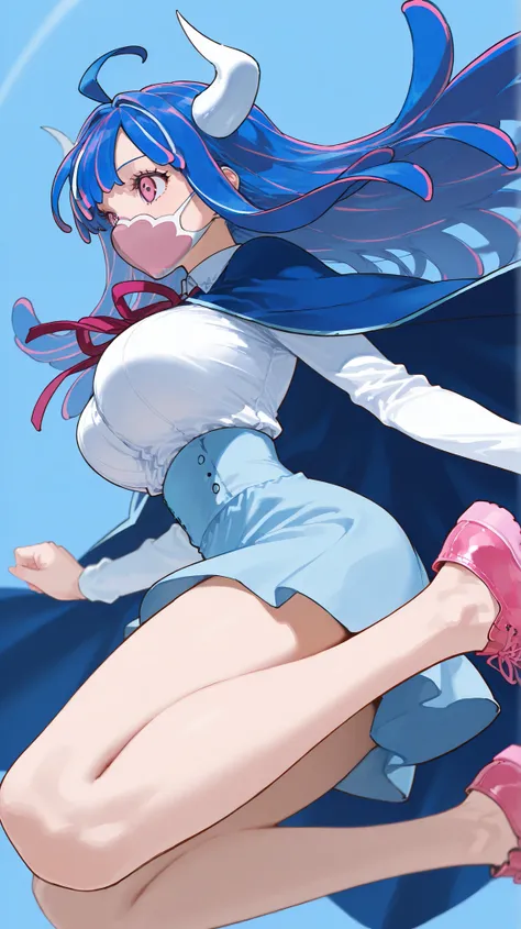 ult1, sscore_9, score_8_up, score_7_up, score_6_up, source_anime, 1girl, solo  ulti, horns, pink eyes, long hair, multicolored hair, bangs, ahoge, mouth mask, blue cape, white shirt, long sleeves, neck ribbon, light blue skirt, high-waist skirt, large brea...