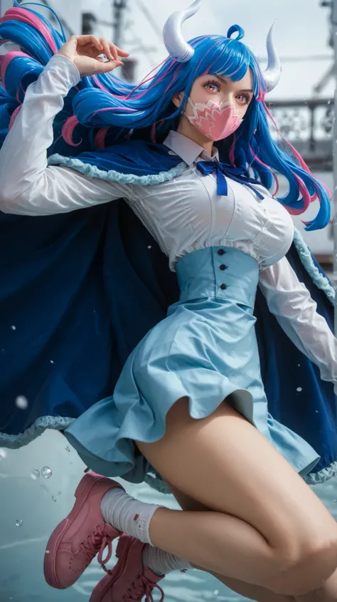 ult1, sscore_9, score_8_up, score_7_up, score_6_up, source_anime, 1girl, solo ulti, horns, pink eyes, long hair, multicolored hair, bangs, ahoge, mouth mask, blue cape, white shirt, long sleeves, neck ribbon, light blue skirt, high-waist skirt, large brea...