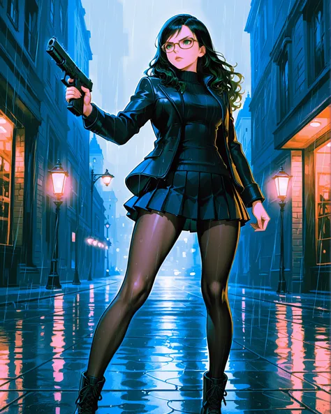 masterpiece, best quality, absurdres, highres, newest, 1girl, black hair, wavy hair, side pigtail hair, emerald green eyes, (glasses), lips, serious expression, dark blue lethal jacket, black pinstriped sweater, (dark blue pleated skirt, miniskirt), full b...