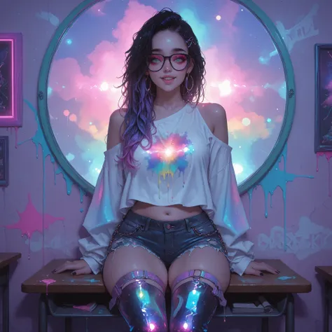 1girl,bishoujo,fair skin with freckles pink hime style hair ,curvy,slender face,colored_eyelashes,long_eyelashes,thick eyebrows,short eyebrows,hair_over_eyes,black_nails,green eyes,red eyeshadow,bare shoulders,small breasts,cutoffs,oversized_shirt,forehead...