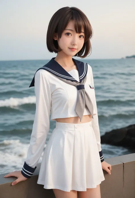 realistic, pictures, (cute:1.2),score_9,score_8_up,score_7_up,sauce_anime,cowboy shot,masterpiece,top quality,Detail Background,very detailed,1 girl,1 girl,yukikaze (KanColle), brown hair, brown eyes in the oral vagina,small breasts,short hair, sailor dres...