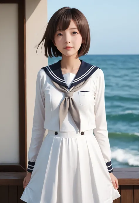 realistic, pictures, (cute:1.2),score_9,score_8_up,score_7_up,sauce_anime,cowboy shot,masterpiece,top quality,Detail Background,very detailed,1 girl,1 girl,yukikaze (KanColle), brown hair, brown eyes in the oral vagina,small breasts,short hair, sailor dres...