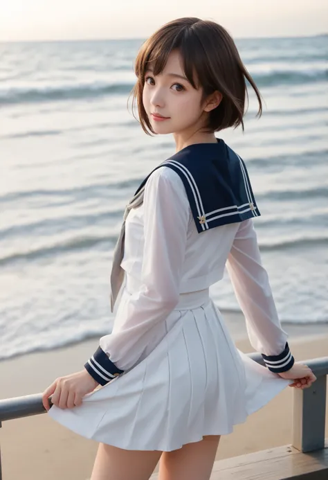 realistic, pictures, (cute:1.2),score_9,score_8_up,score_7_up,sauce_anime,cowboy shot,masterpiece,top quality,Detail Background,very detailed,1 girl,1 girl,yukikaze (KanColle), brown hair, brown eyes in the oral vagina,small breasts,short hair, sailor dres...