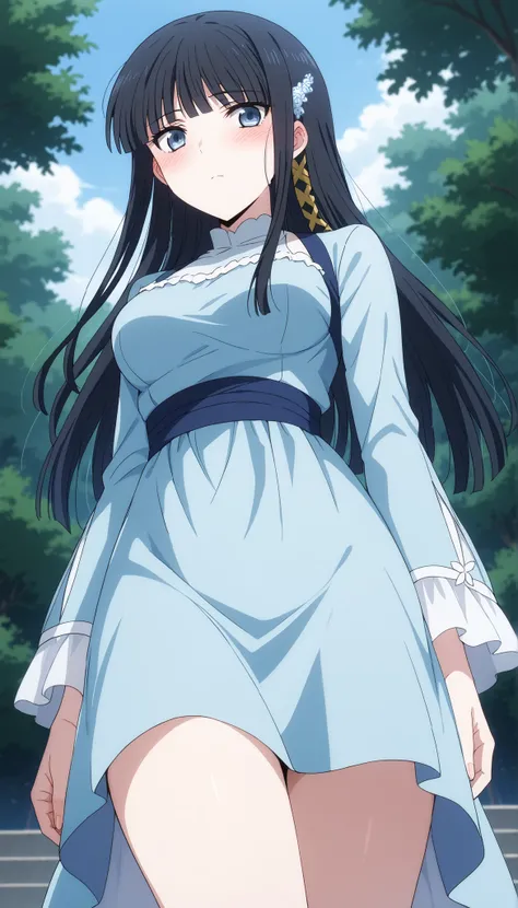 (((Shiba Miyuki))),blue dress,(((medium breasts))),((low angle)),((blush)),black hair,long hair,Outdoors,Ulchan-6500-v1.1, ( RAW photos :1.2), Beautiful Detailed, very detailedな目 美しい目,beautiful eyes、Blue eyes、 Large file size, high resolution, very detaile...