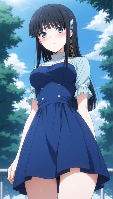 (((Shiba Miyuki))),blue dress,(((medium breasts))),((low angle)),((blush)),black hair,long hair,Outdoors,Ulchan-6500-v1.1, ( RAW photos :1.2), Beautiful Detailed, very detailedな目 美しい目,beautiful eyes、Blue eyes、 Large file size, high resolution, very detaile...