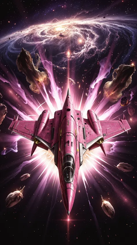 jwst stars, A nostalgic and retro cyber kamikaze plane painted in pink explodes!
The plane collapses,
The intense shock wave distorts space-time,
Deep space,
Whirlpool,
