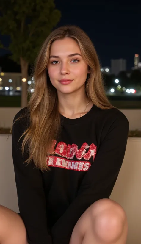 A young adult white Caucasian woman with long brunette hair is sitting outdoors at night. Her long, straight brunette hair falls over her shoulders. She is wearing a black long-sleeved sweatshirt with red and white text and graphics on the front. She has n...