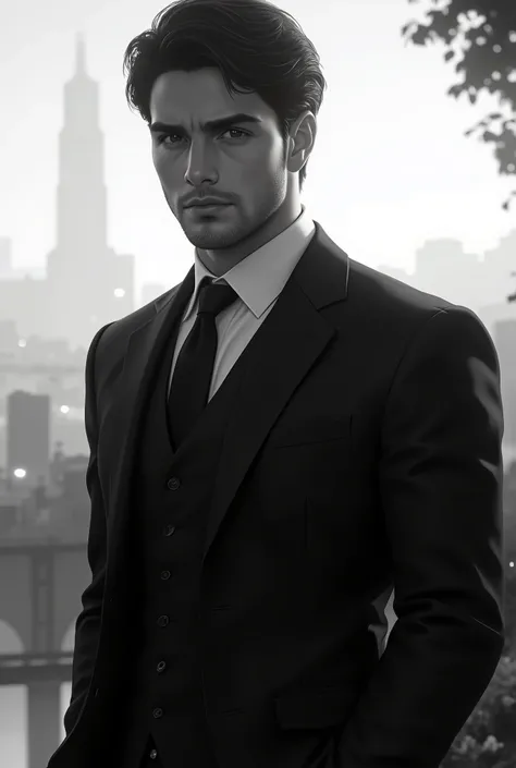 A forty-year-old man posing for an artistic photograph. He wears an elegant suit, scenery, anime style, blanco y negro, Light dark, close-up,