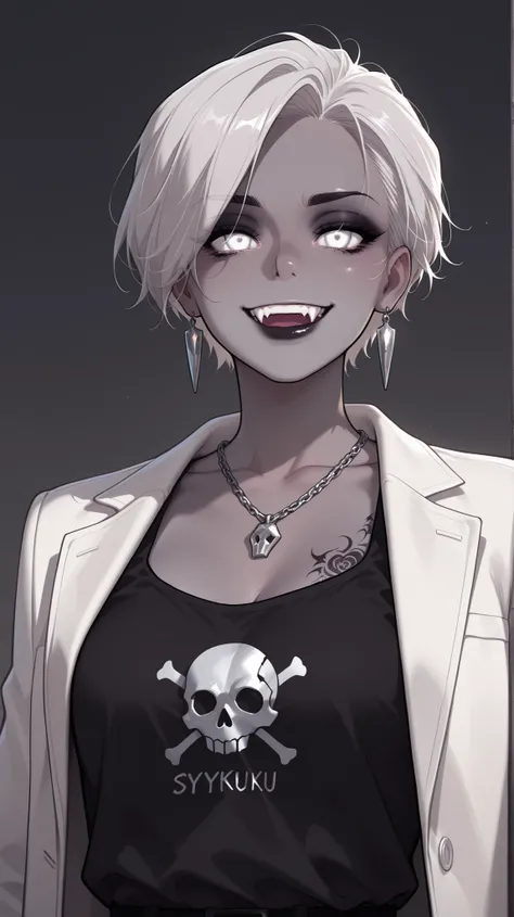 masterpiece, best quality, amazing quality, newest, very aesthetic, 1girl,gray skin,white short hair,white eyes,vampire teeth,silver earrings,silver skull neckless,evil smile,looking at the viewer,white jaket,black short tanktop,sythe tattoo on her neck,bl...
