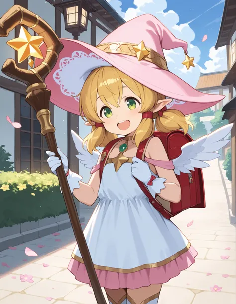 Masterpiece, hd, 2d, best quality "A girl with long golden hair and bright green eyes wears a beautiful witch costume. She dons a large pink witch hat adorned with a ribbon and a golden star ornament. a dress decorated with golden stars, and a layered ruff...