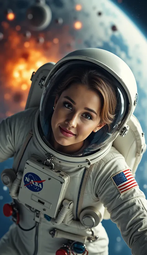 A hyper-detailed, photorealistic scene of a female astronaut, with facial features, skin texture, hair color, and hairstyle exactly matching those of the LoRA selected in SeaArt’s toolbar. Preserve the precise facial structure, hair details, and styling (e...