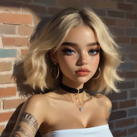 24 year old girl, unlit cigarette behind ear, close up, pale skin, blonde, influencer, model, beautiful, heavy mascara, heavy eyeliner, nose blush, freckles,  tube top, tattoos, slender, slim, blue eyes, leaning against brick wall, elbows on knees, large b...