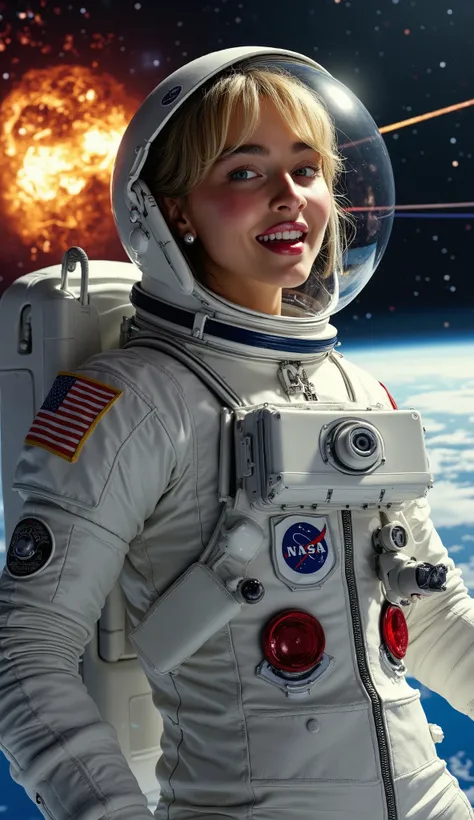 A hyper-detailed, photorealistic scene of a female astronaut, with facial features, skin texture, hair color, and hairstyle exactly matching those of the LoRA selected in SeaArt’s toolbar. Preserve the precise facial structure, hair details, and styling (e...