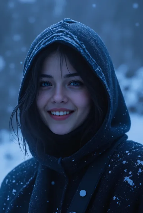 (ultra Realistic) , (illustration), (Enhance resolution), (8k), ( Extremely Detailed), ( detailed face ), Slim Body, in the dark , deep shadow, low profile, pureerosfaceace_v1, Happy smile, Winter, Mountain