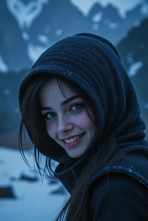 (ultra Realistic) , (illustration), (Enhance resolution), (8k), ( Extremely Detailed), ( detailed face ), Slim Body, in the dark , deep shadow, low profile, pureerosfaceace_v1, Happy smile, Winter, Mountain