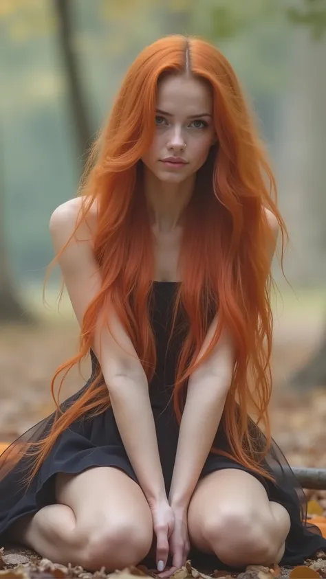 High quality and high definition photo. Young slender nice European woman with nice opened eyes, 20 YO, woman with long red hair sitting on the ground, orange skin and long fiery hair, she has long redorange hair, long orange hair, she has long orange brow...