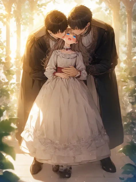 Fullbody shot, atmospheric, beautiful warm lighting, dramatic lighting, (masterpiece, best quality:1.2), highly detailed, size difference, x dominant guy, (couple), hetero, (duo focus), victorian garden, kissing with tongue, passionate french kiss, intima...