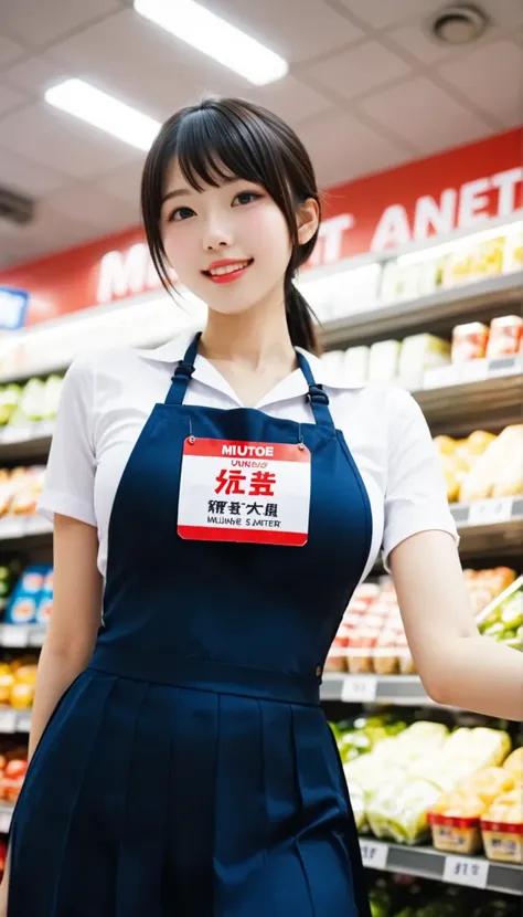 Working in a Supermarket、Working in a Supermarket、Name Tag、 mannequin、Working in a Supermarket、20 years old、female、Busy face、white blouse、Beautiful Eyes with Attention to Details、red apron with red background、(((full body、shot from below、 Look Down、mouth、...