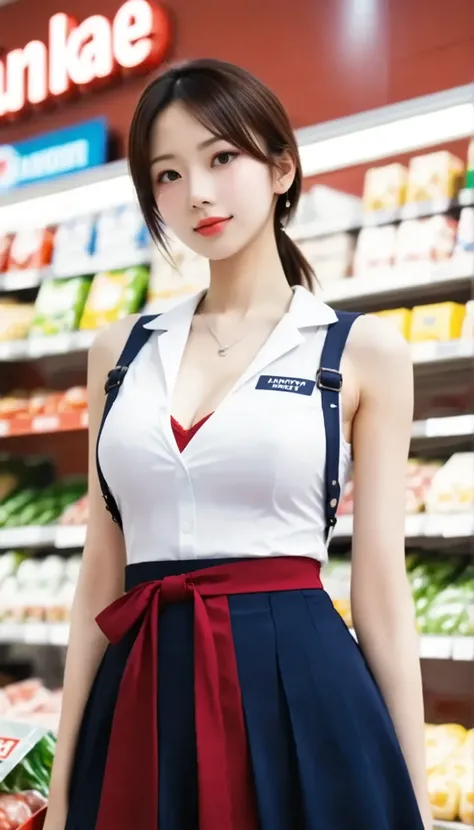Working in a Supermarket、Working in a Supermarket、Name Tag、 mannequin、Working in a Supermarket、20 years old、female、Busy face、white blouse、Beautiful Eyes with Attention to Details、red apron with red background、(((full body、shot from below、 Look Down、mouth、...