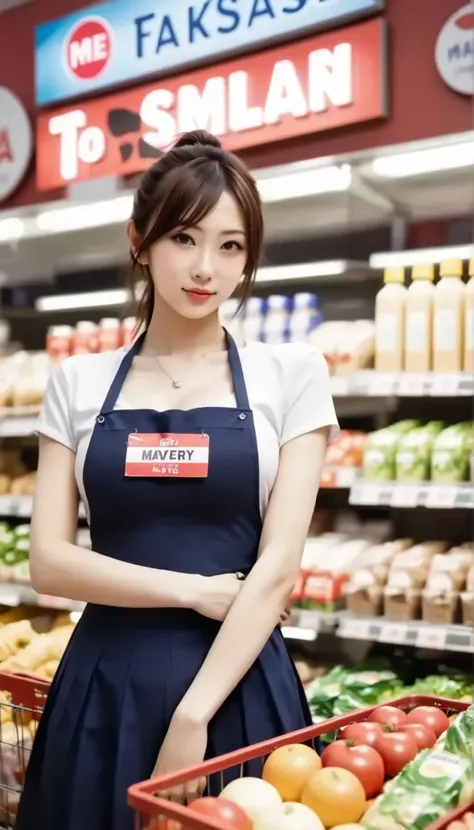 Working in a Supermarket、Working in a Supermarket、Name Tag、 mannequin、Working in a Supermarket、20 years old、female、Busy face、white blouse、Beautiful Eyes with Attention to Details、red apron with red background、(((full body、shot from below、 Look Down、mouth、...