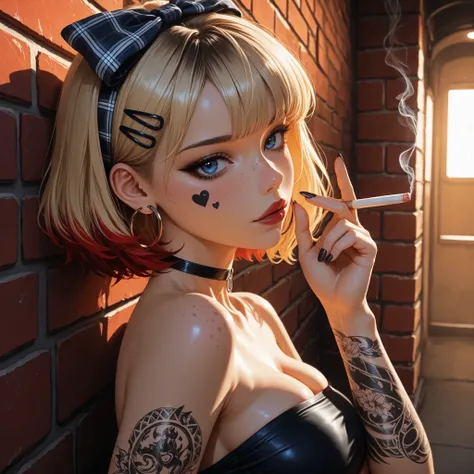 24 year old girl, leaning back against old brick wall, tattoo sleeve, juicy full lips, glossy lips, view from side, blue eyes, dark makeup, dark eyeliner, dark red shiny lipstick, alt girl, holding cigarette, black fingernails, black choker, close up, 1gir...